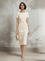 White Stretch Crepe Sheath/Column Short Sleeve Tea Length Dress With Pearls