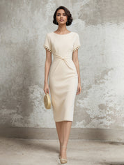 White Stretch Crepe Sheath/Column Short Sleeve Tea Length Dress With Pearls
