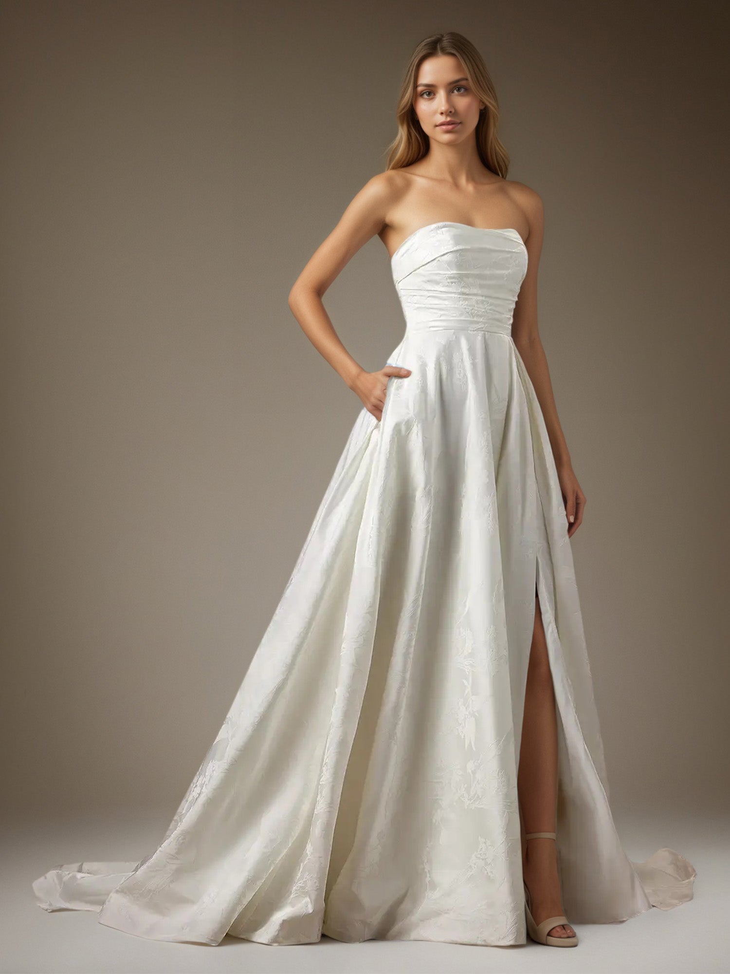White A-Line Strapless Floral Jacquard Wedding Dress
