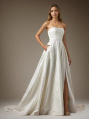 White A-Line Strapless Floral Jacquard Wedding Dress