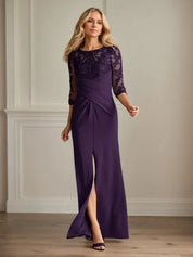 Robe fourreau en crêpe extensible prune pour mère de la mariée 