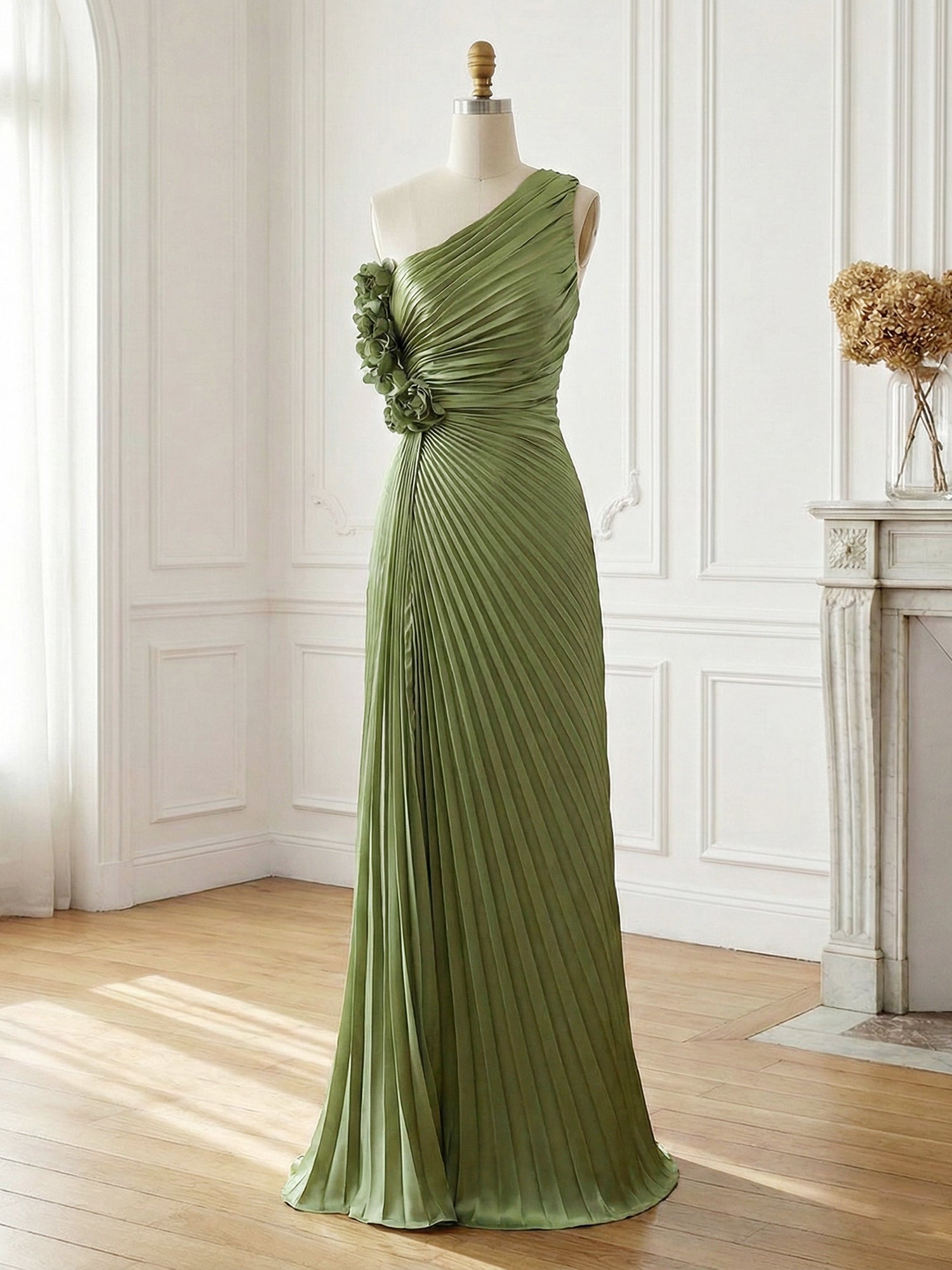 Olive Green Pleated One-Shoulder Prom Dress with 3D Rosettes