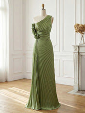 Olive Green Pleated One-Shoulder Prom Dress with 3D Rosettes