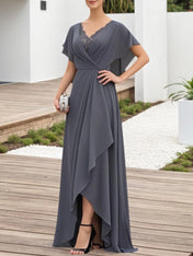 Mother of the Bride Dress Grey Lace V Neck Chiffon Maxi Dress