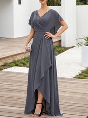 Mother of the Bride Dress Grey Lace V Neck Chiffon Maxi Dress