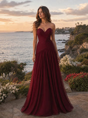 Strapless Sweetheart Ruched Chiffon A-Line Evening Gown with Drop Waist