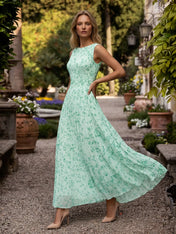 Round-Neck Pleated Floral Chiffon Long Evening Dress