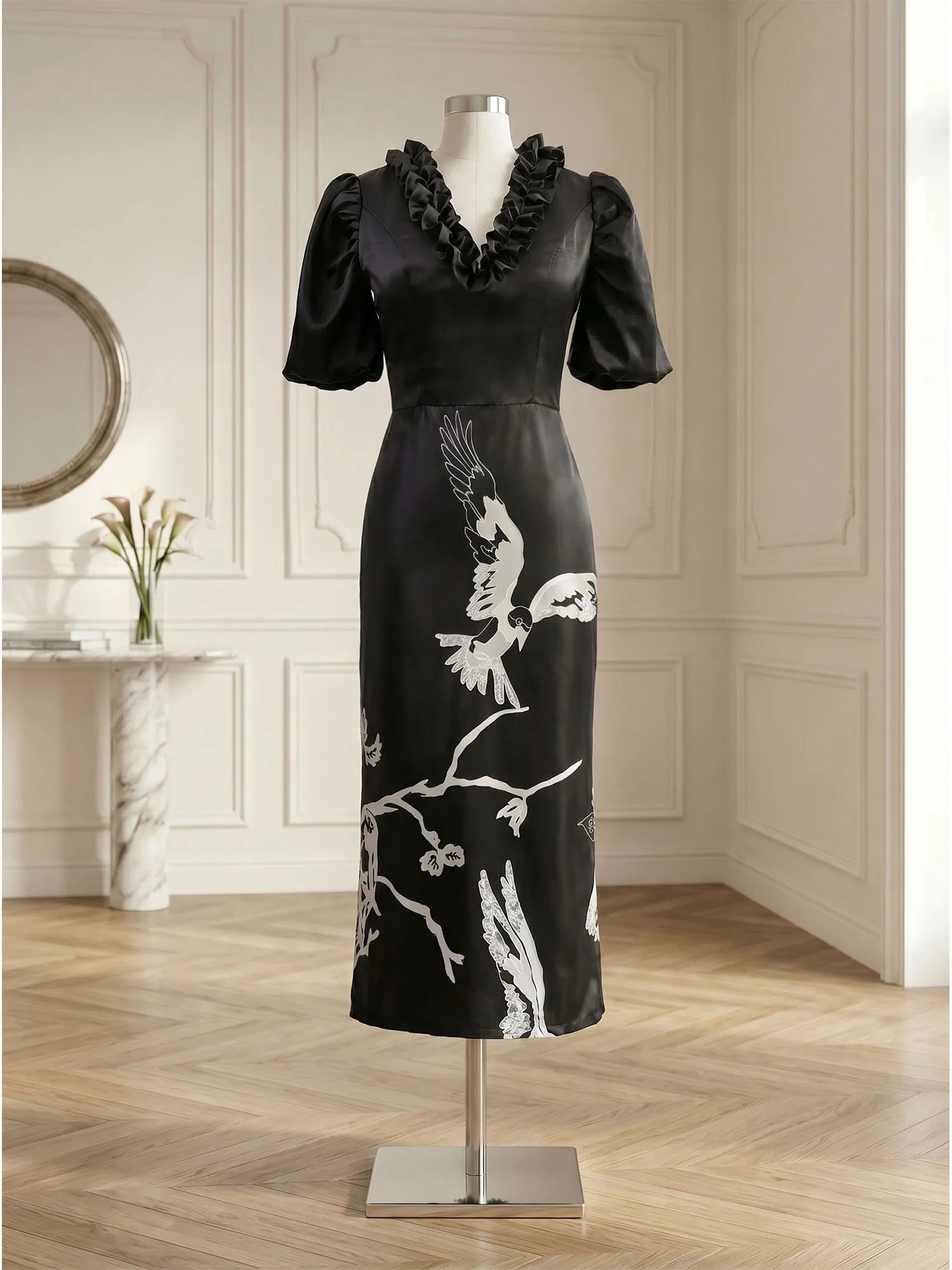 Black Folds V Neck Puff Sleeve Midi Sheath Dress