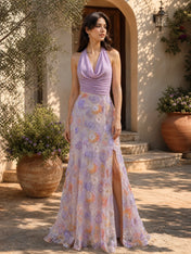 Elegant Halter Cowl Neck Floral Embroidered A-Line Evening Dress with High Slit