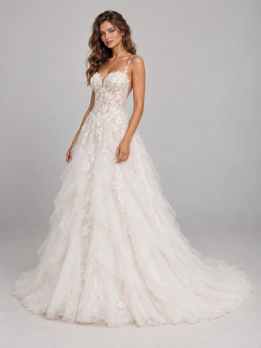 Sweetheart Lace Applique Corset A-Line Wedding Dress with Cascading Tiered Tulle Skirt and Train