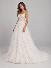 Sweetheart Lace Applique Corset A-Line Wedding Dress with Cascading Tiered Tulle Skirt and Train