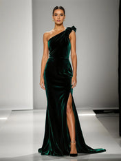 Mermaid Dark Green One Shoulder Velvet Evening Dress With Slit