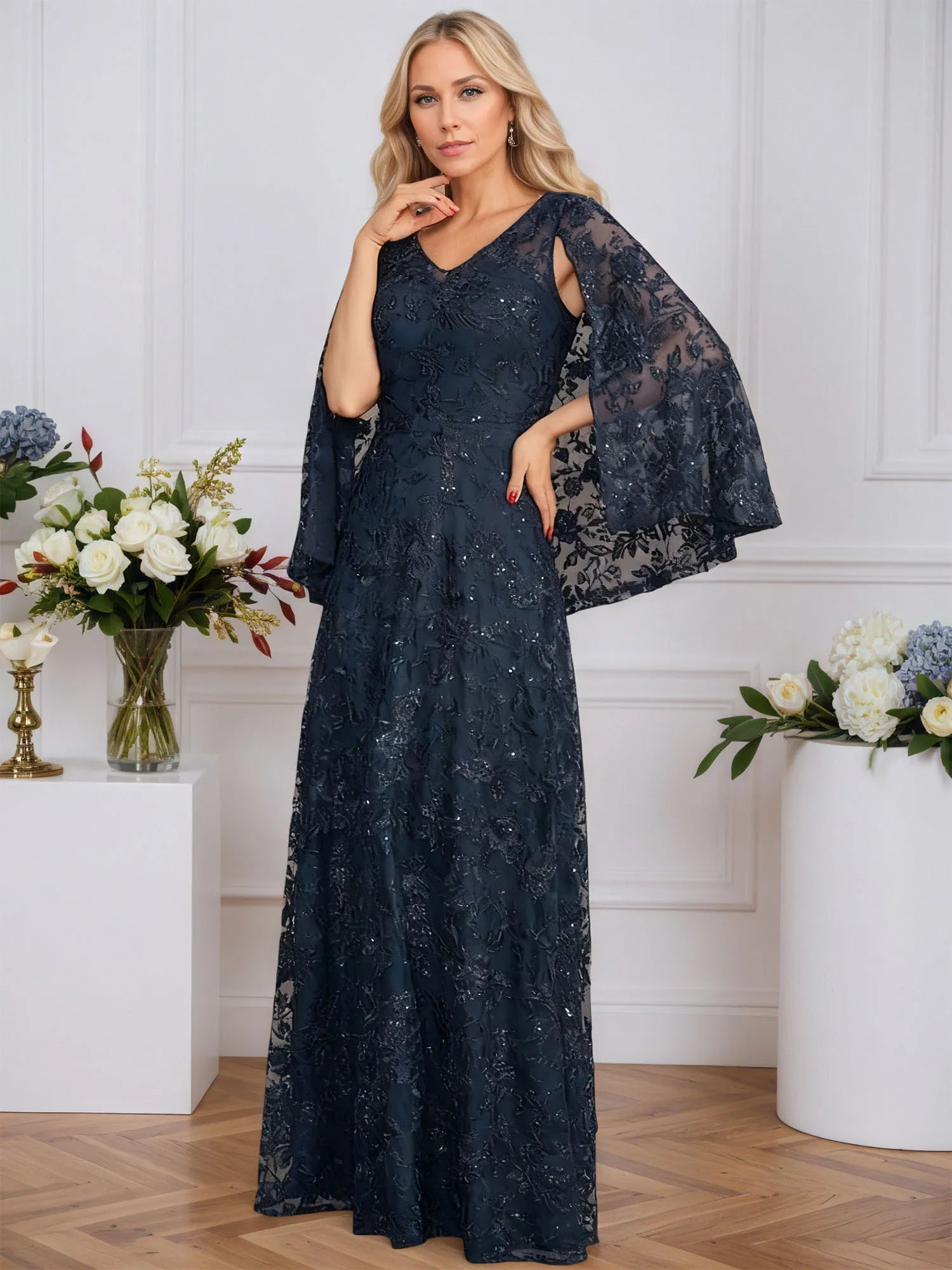 A-line V-Neck Floor-Length Lace Mother of the Bride Dress With Sequins