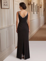 Beaded Trim Plunging Neckline Satin Column Evening Dress with Draped Waist and High Front Slit