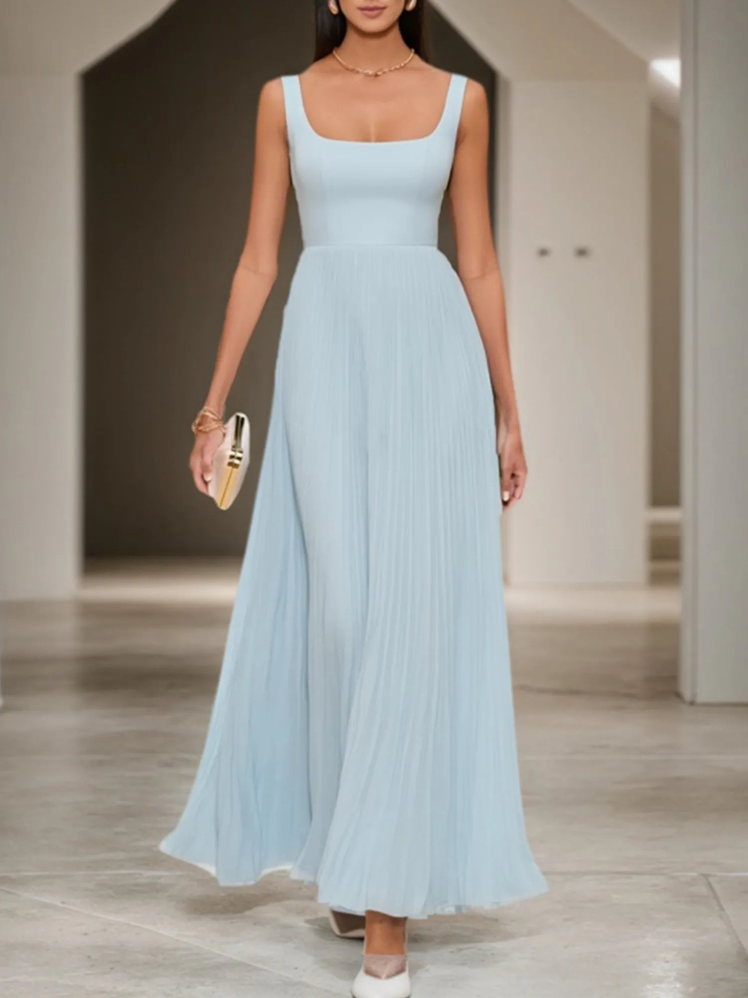 Wedding Guest Dress Blue Wide Strape Sleeveless Maxi Dress