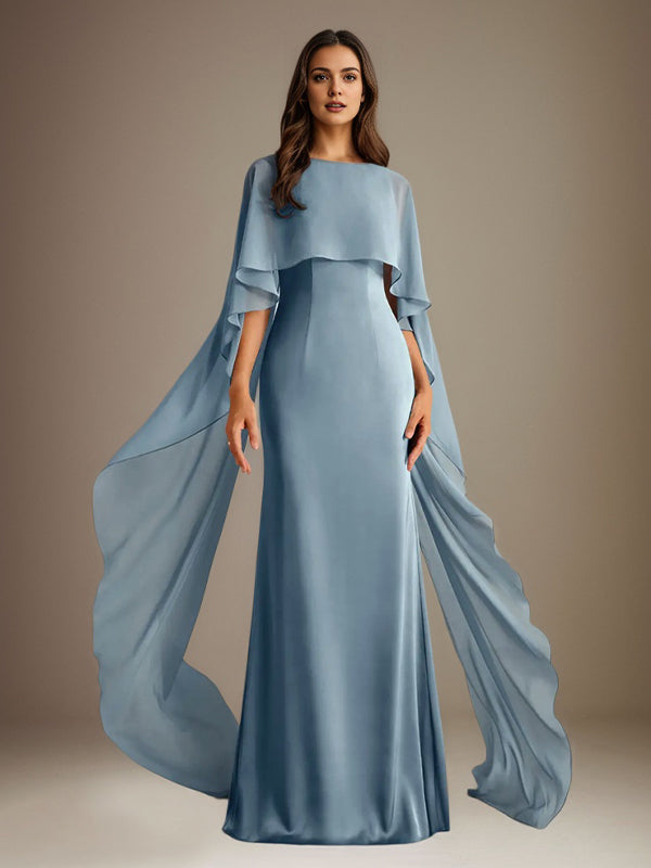 Robe de mère de la mariée en mousseline, coupe fourreau/colonne, col bateau, longueur ras du sol, avec volants en cascade 