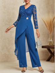 Women Blue Lace V Neck Three Quarter Sleeve Mother of the Bride or Groom Top With Pants Two-Piece Set