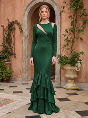 Asymmetric Beaded Cutout Long-Sleeve Mermaid Evening Dress with Tiered Ruffle Hem