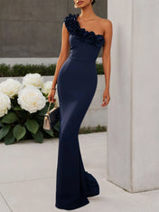 Navy Blue 3D Floral Classic One Shoulder Sleeveless Mermaid Gown Dress