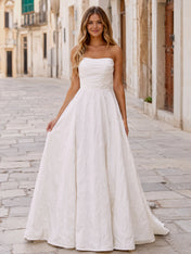 White Embossed Floral Strapless A-Line Wedding Bridal Gown