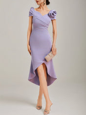 Lavender Purple Ruched 3D Floral Classic V Neck Short Sleeve Sheath Midi Dress