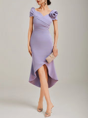 Lavender Purple Ruched 3D Floral Classic V Neck Short Sleeve Sheath Midi Dress