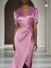 Fall Wedding Guest Dress Satin Green V-Neck Maxi Dress