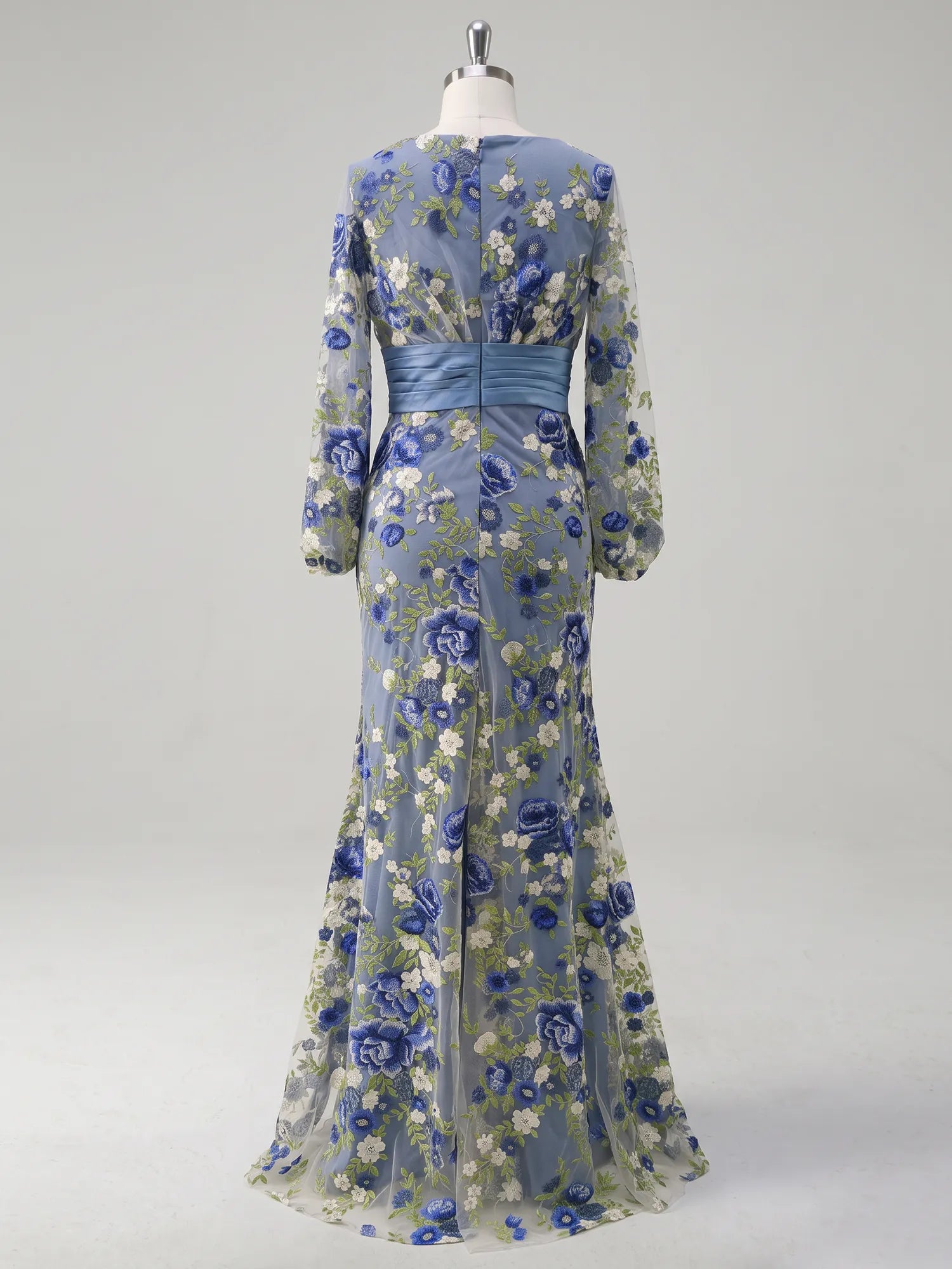 Boat Neck Long Sleeve Embroidered Mesh Evening Dress