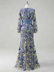 Boat Neck Long Sleeve Embroidered Mesh Evening Dress
