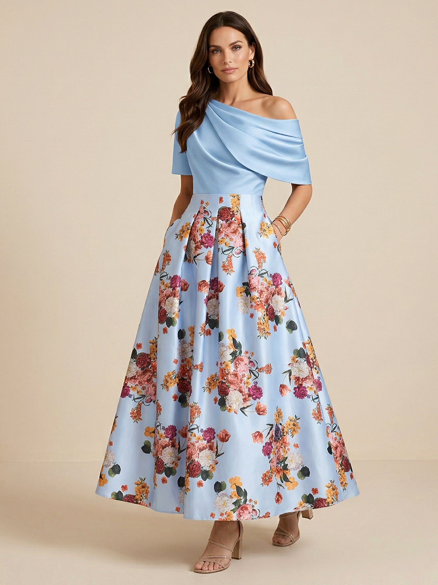 One Shoulder Floral Print Satin Mother of the Bride Dress with Pockets