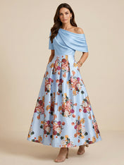 One Shoulder Floral Print Satin Mother of the Bride Dress with Pockets