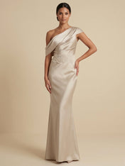 Elegant One-Shoulder Satin Mermaid Maxi Dress with Lace Waist
