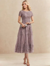 A-line Scoop Tea-Length Tulle Lace Mother of the Bride Dress
