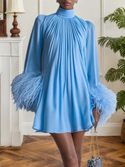 Blue Feather Ruched Chiffon Mock Neck Long Sleeve A-Line Mini Dress