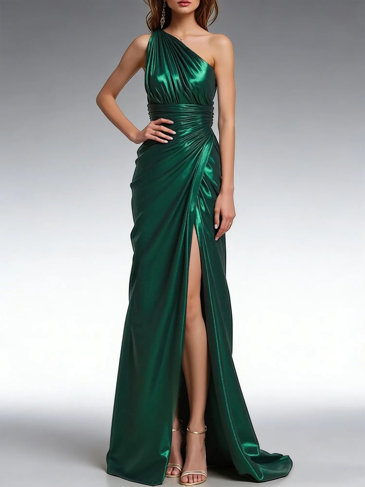 Formal Dress Emerald Green Metallic Satin One Shoulder Slit Maxi Dress