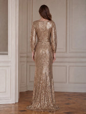 Elegant Champagne Sequin Evening Dress with Cowl Neck and High Slit
