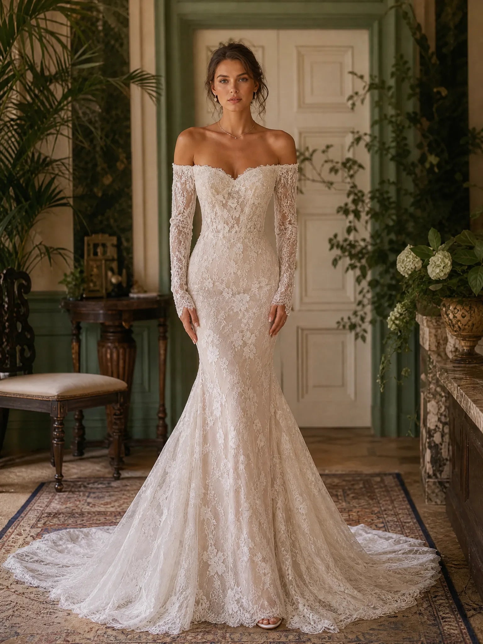 Ivory Off-the-Shoulder Long-Sleeve Lace Mermaid Wedding Dress