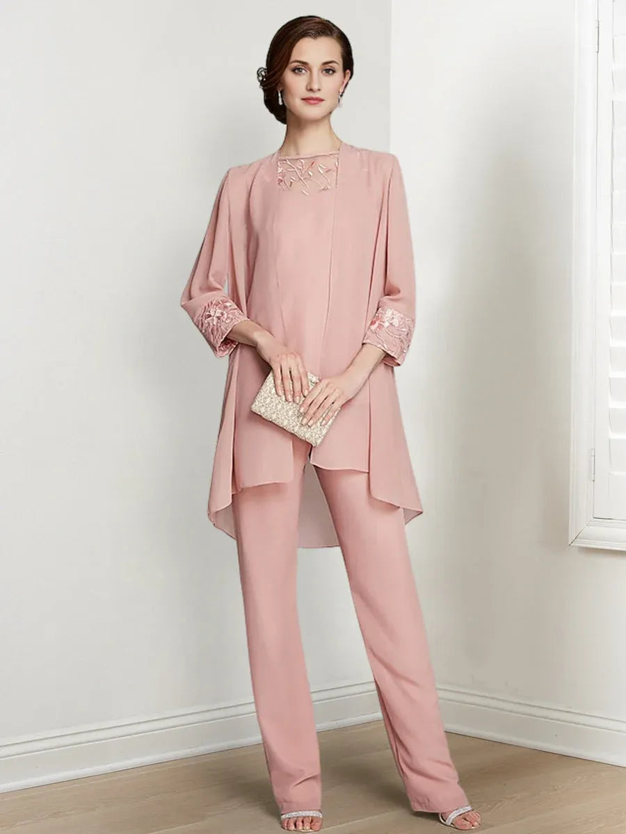 Tailleur-pantalon en mousseline à manches longues pour mère de la mariée avec veste 