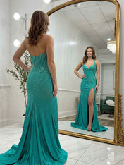 Sparkly Pink Mermaid Beaded Corset Long Prom Dress with Slit