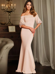 Off-Shoulder Half-Sleeve Beaded Mermaid Maxi Gown Formal Evening Dress