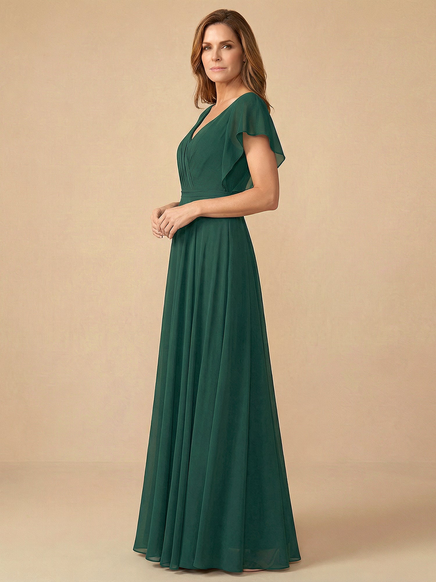 Flare Sleeves V Neck Ruffle Chiffon Mother of the Bride Dress with Pleat