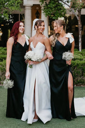 Black V-Neck Mermaid Spaghetti Straps Satin Long Bridesmaid Dress with Bow