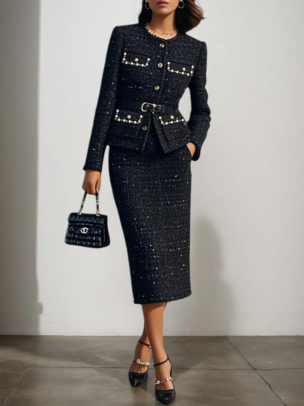 Women Black Tweed Beaded Crew Neck Long Sleeve Coat With Skirt Two-Piece Set