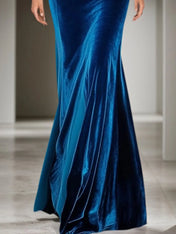 Formal Evening Dress Blue Velvet Off The Shoulder Long Sleeve Maxi Dress