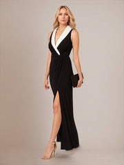 Black Deep V-Neck Ankle Length Chiffon Mother of The Bride Dresses With High Slit