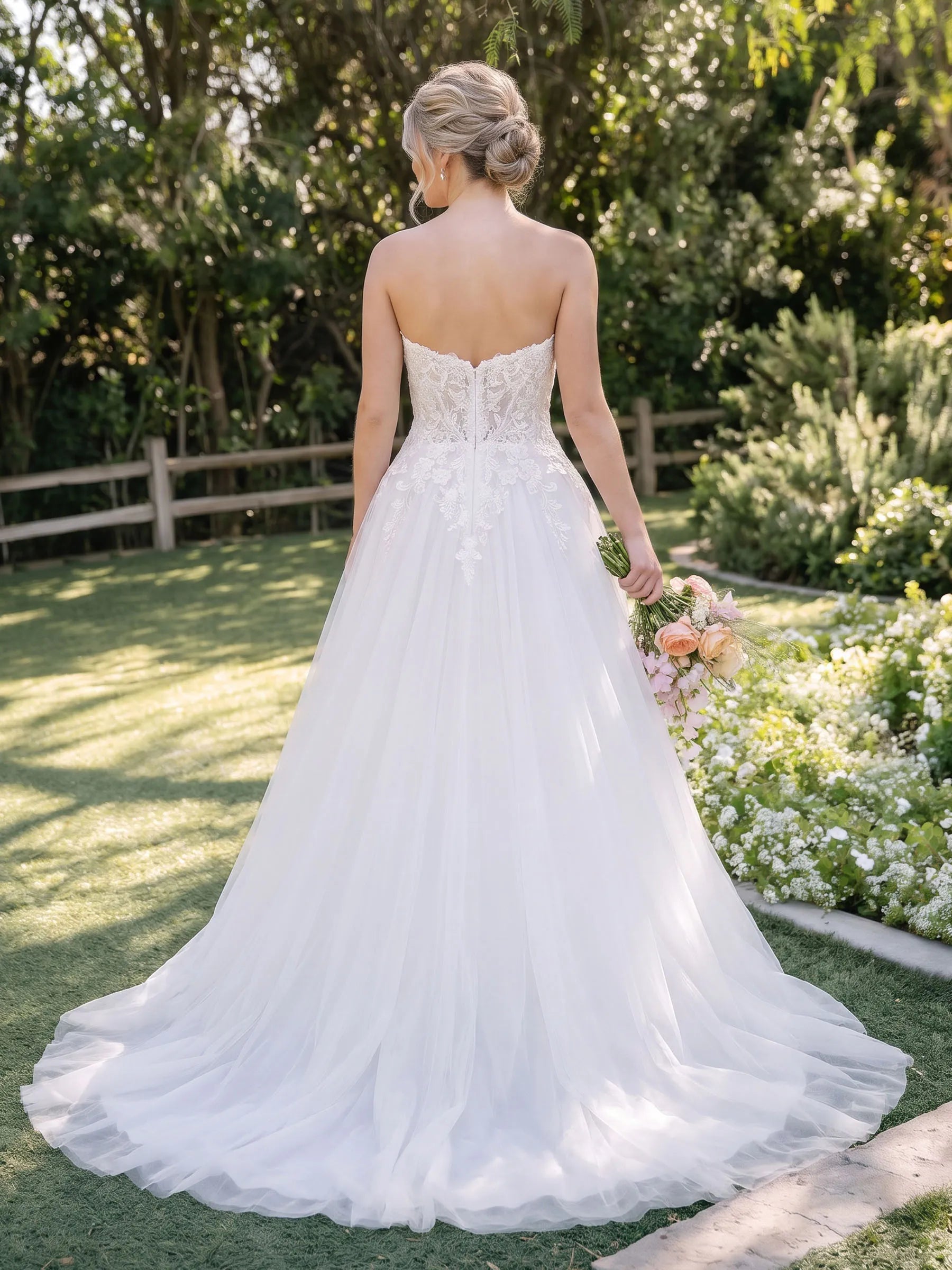 Strapless Lace Applique Tulle A-Line Wedding Dress