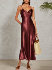 Formal Wedding Guest Satin Dress Spaghetti Straps Midi Dress