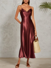 Formal Wedding Guest Satin Dress Spaghetti Straps Midi Dress