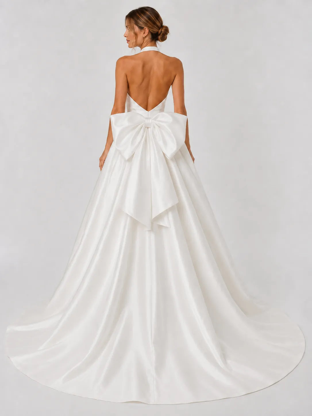 Elegant Halter Deep V-Neck Satin Ball Gown Wedding Dress with Oversized Back Bow and Cathedral Train