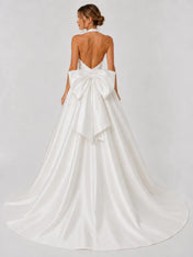 Elegant Halter Deep V-Neck Satin Ball Gown Wedding Dress with Oversized Back Bow and Cathedral Train